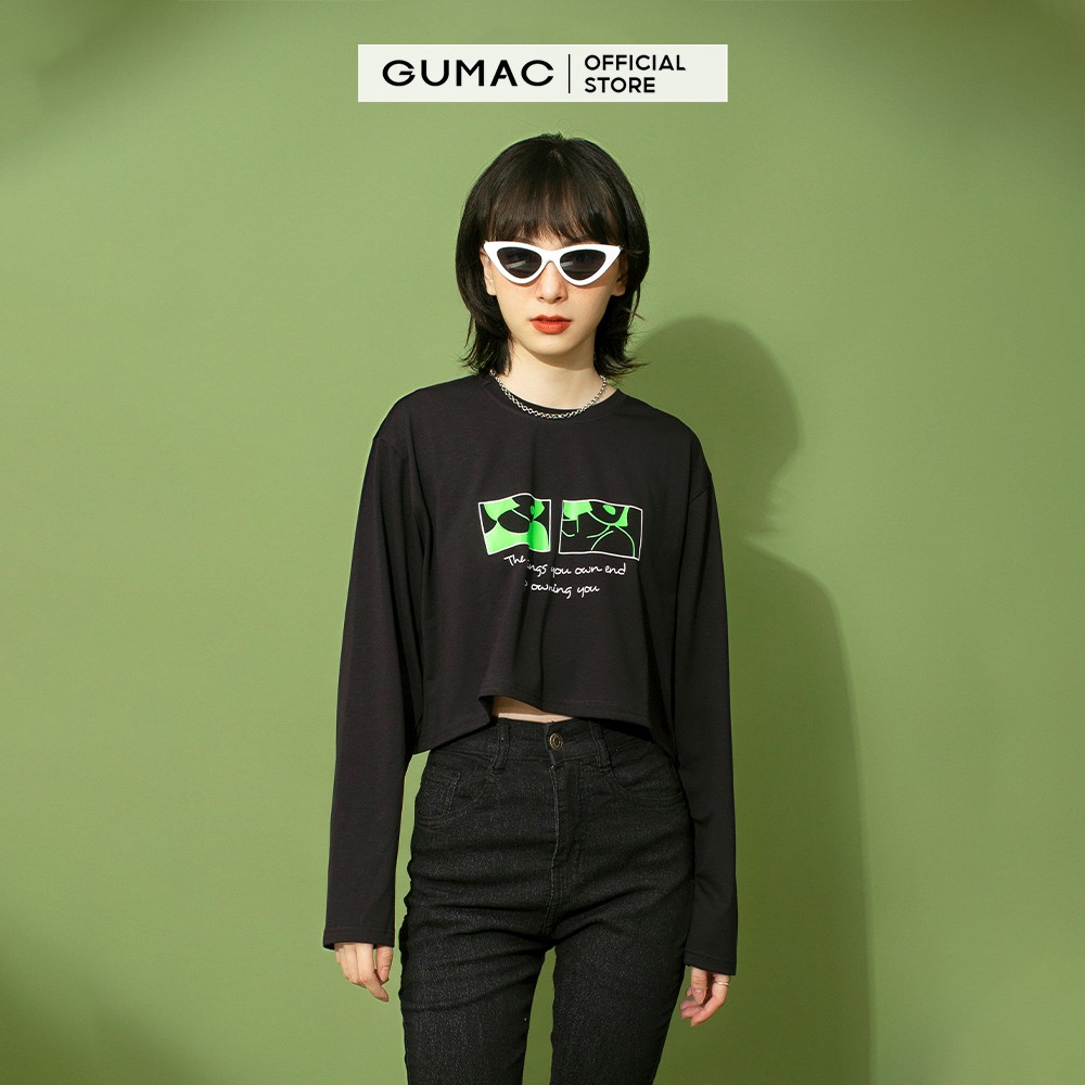 Áo thun croptop nữ in xanh GUMAC màu đen, freesize, phong cách năng động, trẻ trung ATB198 | BigBuy360 - bigbuy360.vn