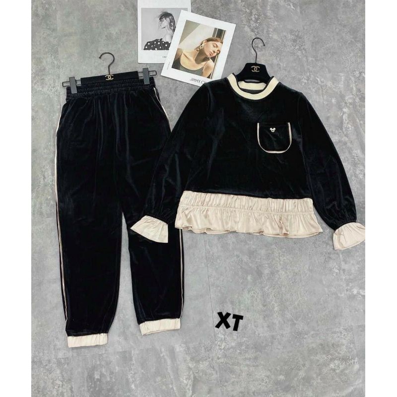 Bộ viền nâu cổ tròn áo baby dài tay - Sét bộ nhung pha viền túi ngực bánh bèo xinh xắn