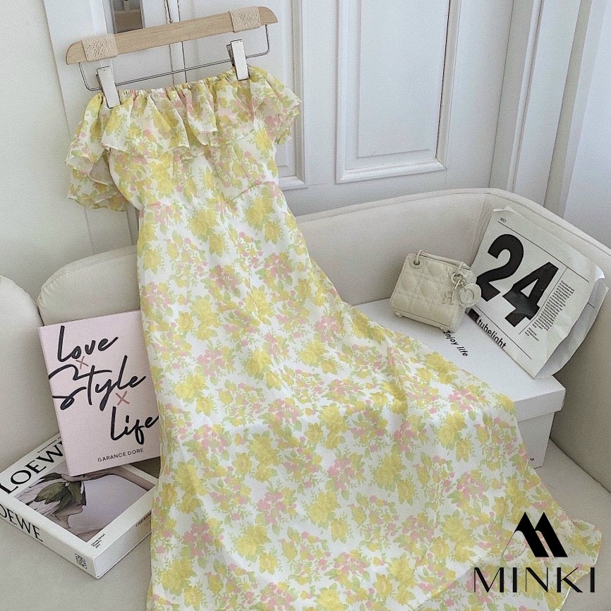 ĐẦM HOA VÀNG TRỄ VAI - CHẤT LIỆU CAO CẤP - MÀU VÀNG TIỂU THƯ | BigBuy360 - bigbuy360.vn