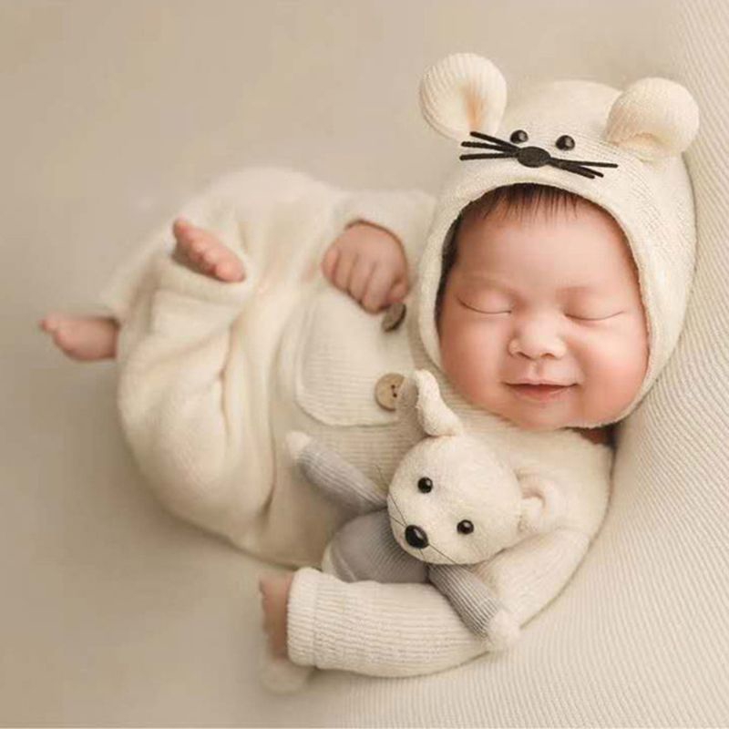 3 Pcs/set Newborn Photography Props Suit Knitted Cotton Jumpsuit Hat Mouse Doll