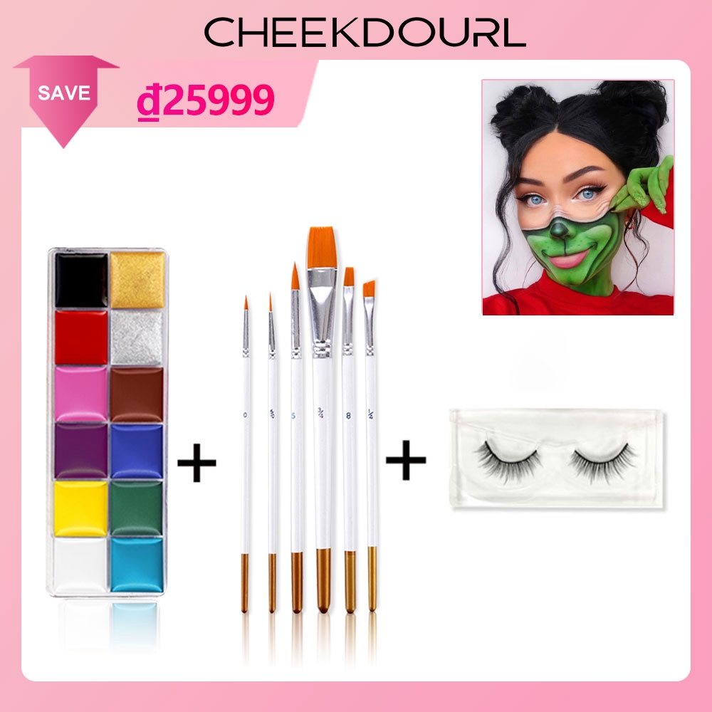 Set 3 món / bảng 12 màu vẽ trên cơ thể và khuôn mặt + bộ 6 cái cọ vẽ + bộ lông mi 3D làm thủ công