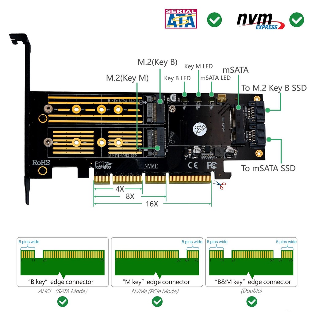 Bộ Chuyển Đổi 3 Trong 1 Msata Và M.2 Ngff Nvme Sata Ssd Sang Pci-E 4x Và Sata3