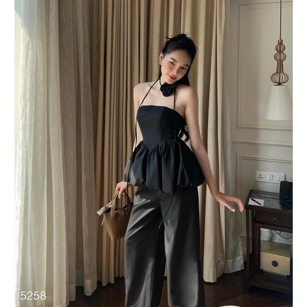 Set áo quây cúp ngực phối quần dài suông ống rộng kèm choker hoa thời trang thiết kế sang chảnh đi dự tiệc cưới sự kiện