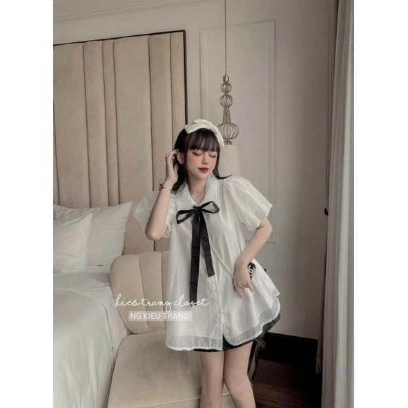 Áo sơ mi cổ ren kèm nơ - Áo babydoll tơ 2 lớp, cổ viền ren kèm nơ - Ngọc Uyên Store
