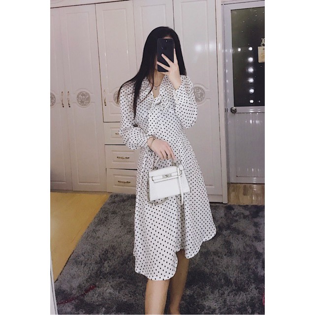ĐẦM XÒE VÁY XÒE DÀI CHẤM BI NƠ CỔ TAY DÀI ĐẸP 2019