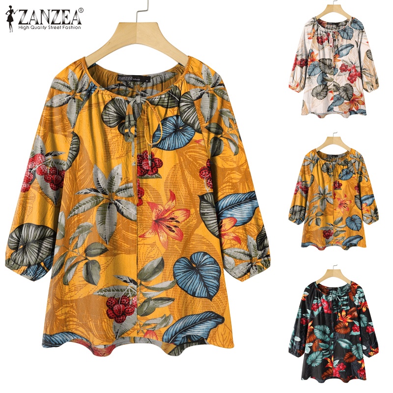 ZANZEA Áo Kiểu Cổ Tròn Tay 3/4 In Họa Tiết Chiếc Lá Thời Trang Cho Nữ