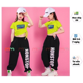 Set bộ thể thao bé gái học nhảy size đại áo croptop dây rút hông phối quần jogger bo lai thun cotton cho bé 9kg đến 54kg