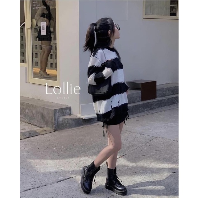 Áo len rách kẻ ngang đen trắng dáng giấu quần | BigBuy360 - bigbuy360.vn