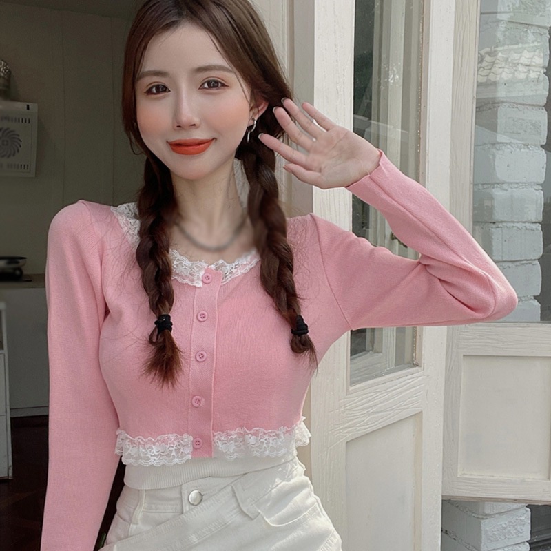 Korean Round Neck Lace Stitching Long Sleeve Knitted Cardigan Top Women Slim Casual Sweet Navel Exposed Long Sleeve Knitted Cardigan Tops