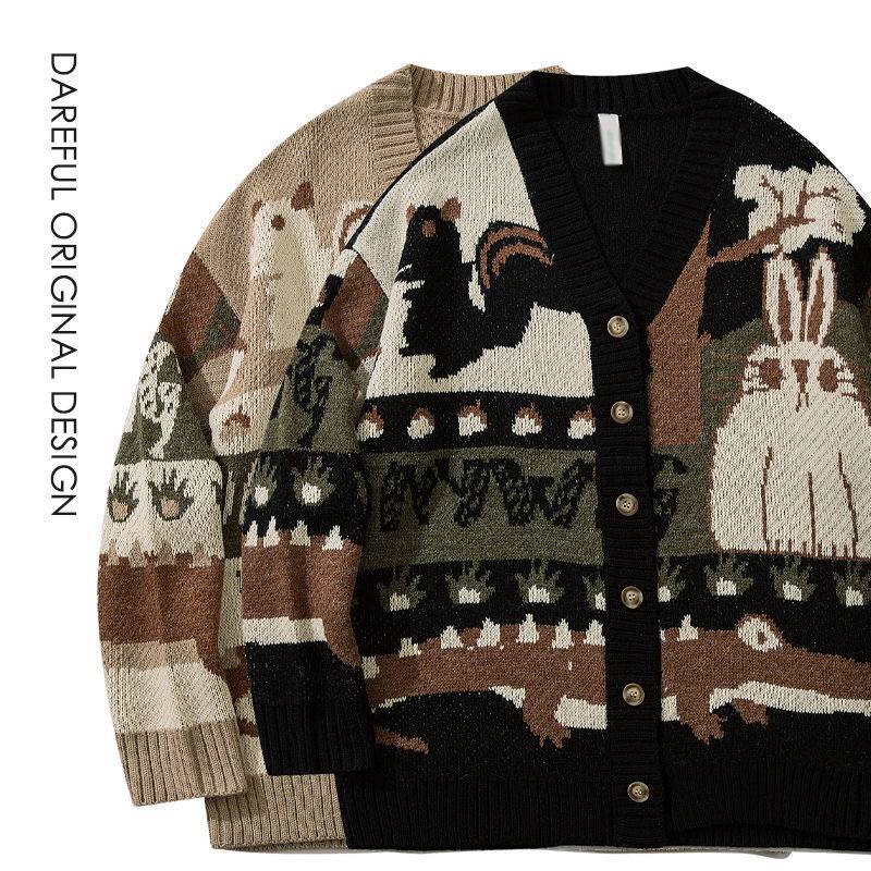 Áo Khoác Cardigan Dệt Kim Cổ Chữ v Dáng Rộng Phong Cách Hong Kong Retro Nhật Bản Cho Cặp Đôi