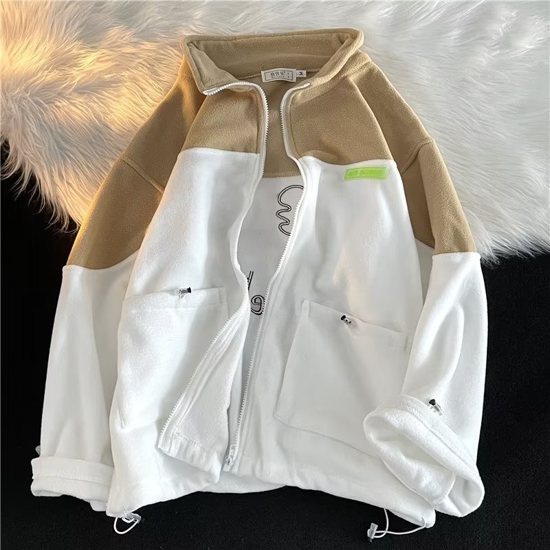 Áo Khoác Hoodie Dáng Rộng Phối Khóa Kéo Kiểu Retro Đường Phố Mỹ Cá Tính