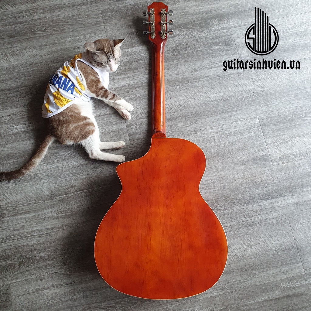 Đàn guitar acoustic SV-A1 có ty chống cong cho người mới - mặt gỗ thông tặng 6 phụ kiện - màu cam đen