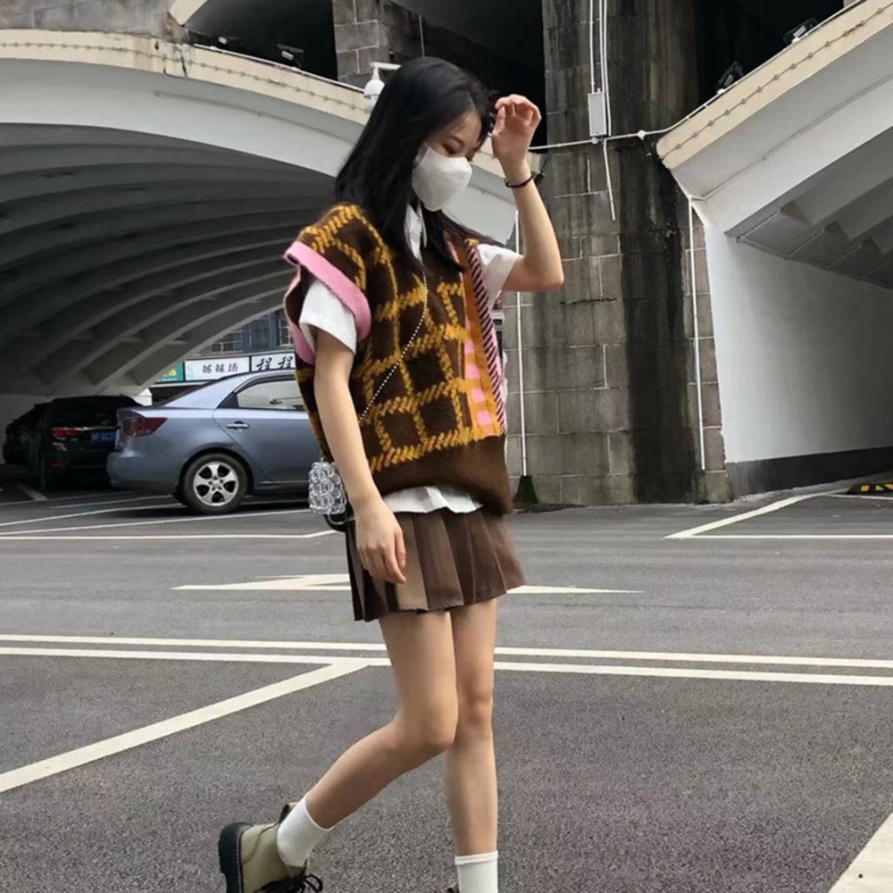Áo gile dệt kim phối màu thời trang phong cách Hàn Quốc