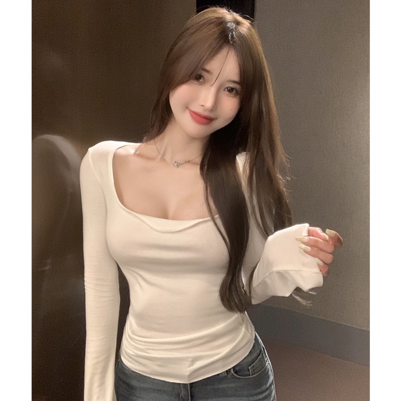 Áo Thun Tay Dài Cổ Vuông Dễ Phối Đồ Thời Trang Mùa Thu Cho Nữ