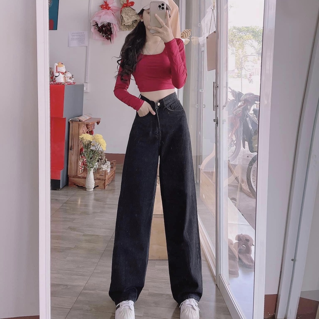 Quần jean ống suông nữ lưng cao cạp cúc dáng rộng chất bò size S M L | BigBuy360 - bigbuy360.vn