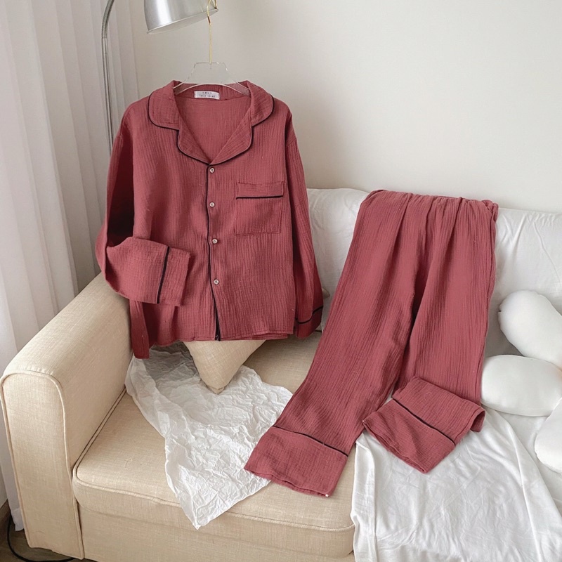 Bộ Ngủ Đũi Xô Trơn Kèm Scrunchie