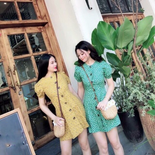 Váy hoa cài cúc tay  bồng( ảnh thật)