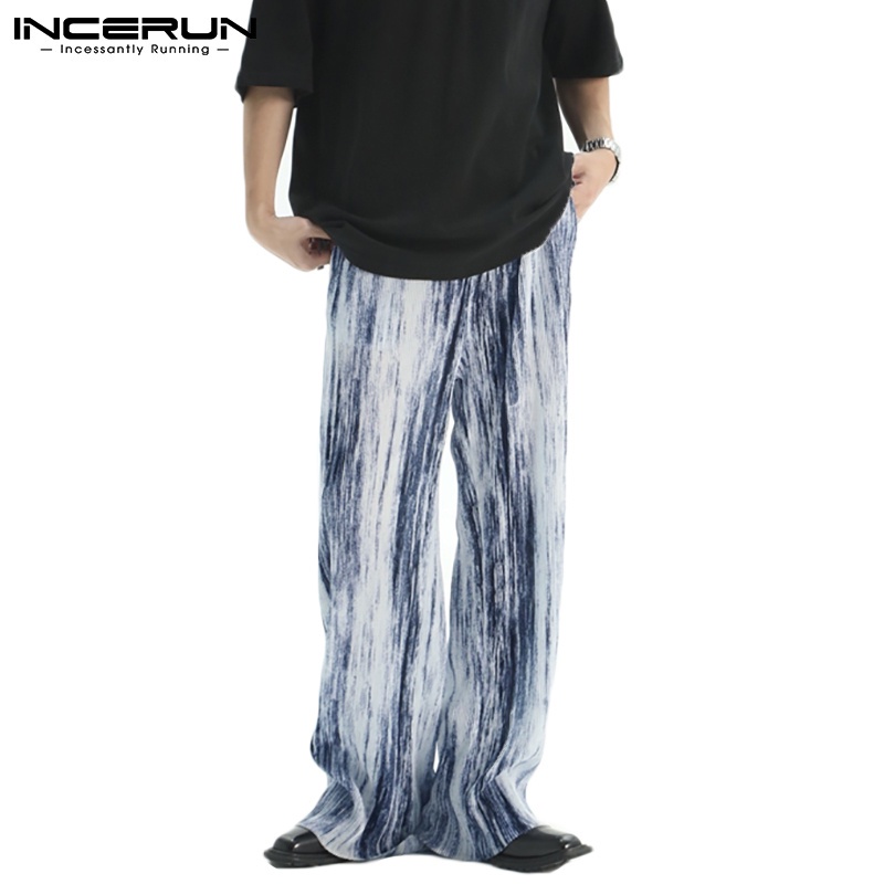 Quần dài INCERUN dáng rộng ống suông lưng thun in họa tiết đơn giản thời trang cho nam