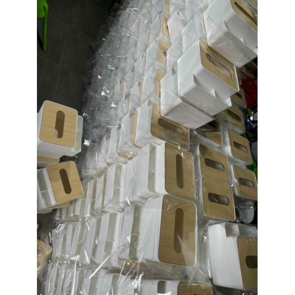 Hộp đựng khăn giấy nắp gỗ có hộc đựng đồ tiện lợi