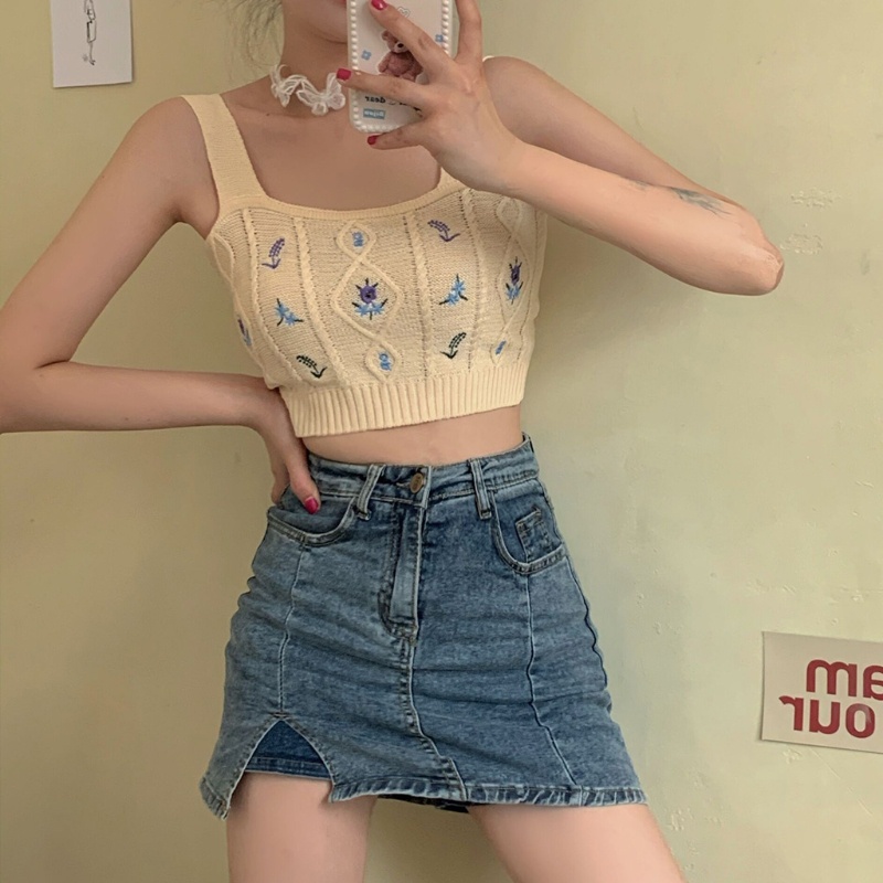 Áo croptop nữ dệt kim thêu hoa cổ điển thời trang mùa hè phong cách boho