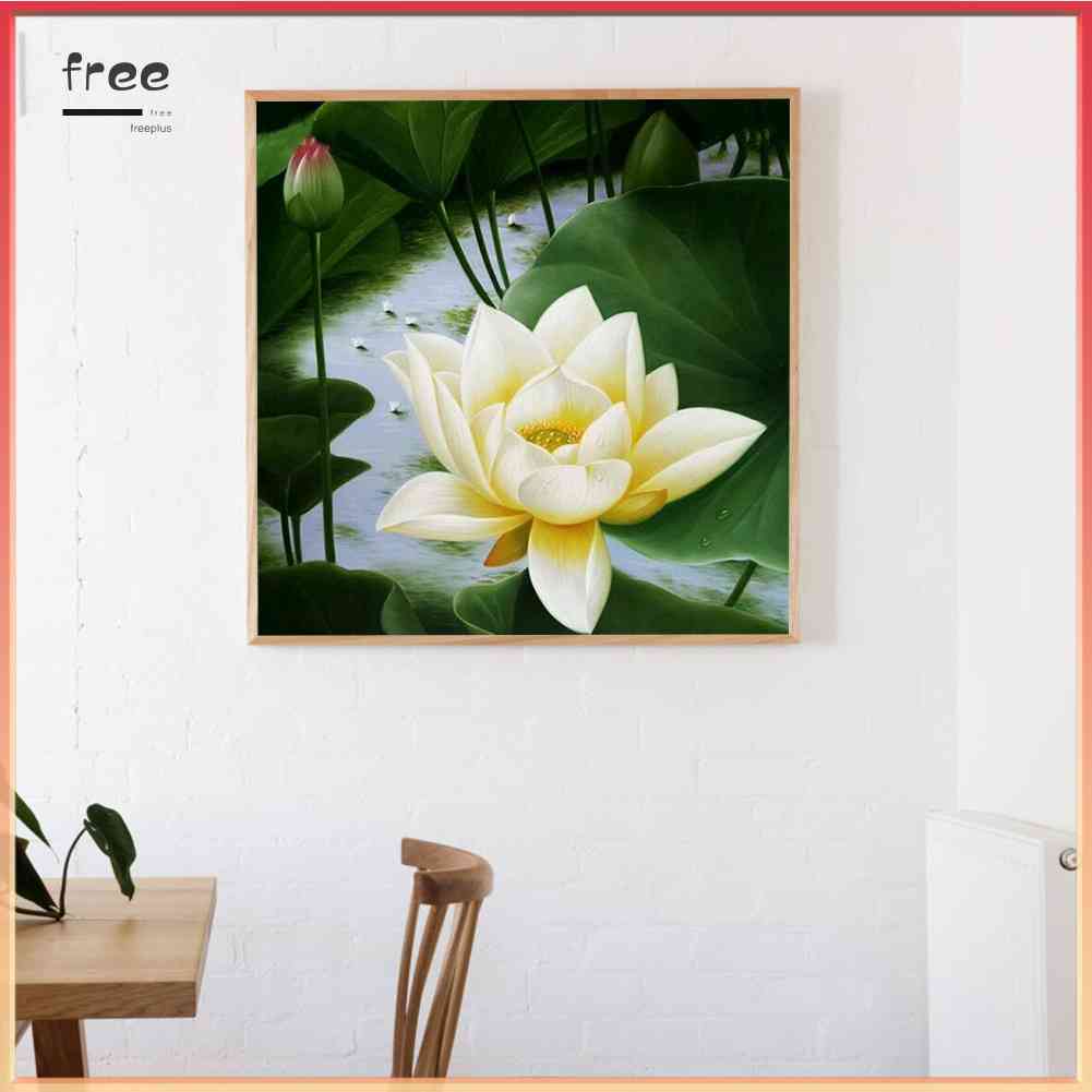 Tranh Đính Đá Kim Cương Toàn Bộ 5D DIY Hình Vẽ Hoa Sen Trắng