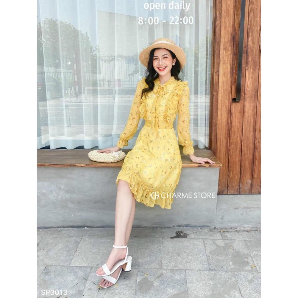 TCO- Đầm váy voan hoa dáng xòe cánh tiên, kết nơ vàng tươi sáng, trẻ trung thời trang nữ dạo phố, đi biển