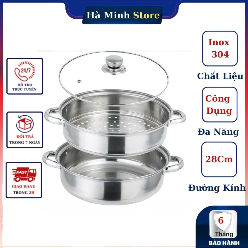 Nồi hấp 2 tầng inox đường kính 28cm, nồi hấp bánh bao, Xửng hấp 2 tầng đa năng phù hợp  với các loại bếp Hà Minh Store