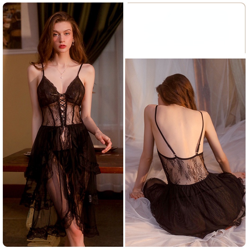 Đầm Ngủ Lưới Cổ Chữ V Hở Lưng + Quần Lót Gợi Cảm Cho Nữ