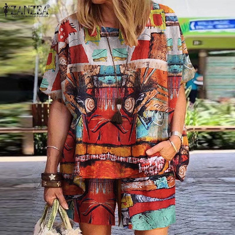 Set đồ ZANZEA gồm áo thun ngắn tay cổ tròn và quần short thời trang cho nữ