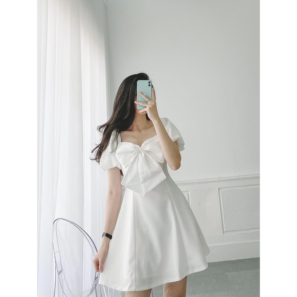 Đầm dạo phố dáng xòe nhẹ tay bồng phối nơ xinh xắn - BiBi Dress