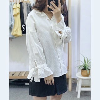 Sơ mi cột nơ tay họa tiết cỏ 4 lá