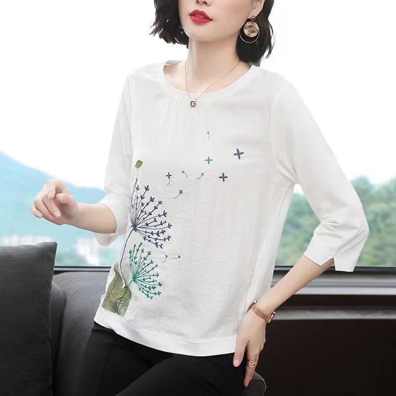 Áo thun tay dài dáng rộng cổ tròn cỡ lớn thời trang cho phụ nữ trung niên