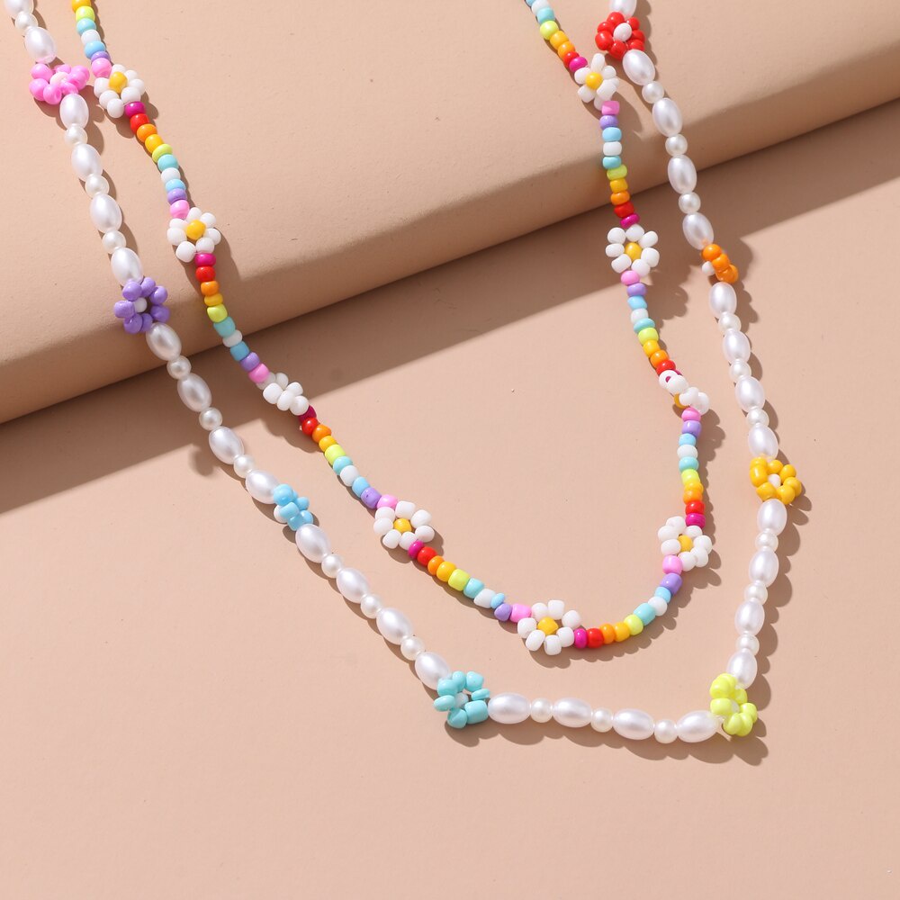 Vòng cổ choker hai lớp đính hạt ngọc trai và hoa nhiều màu sắc phong cách Bohemian Y2K cho nữ