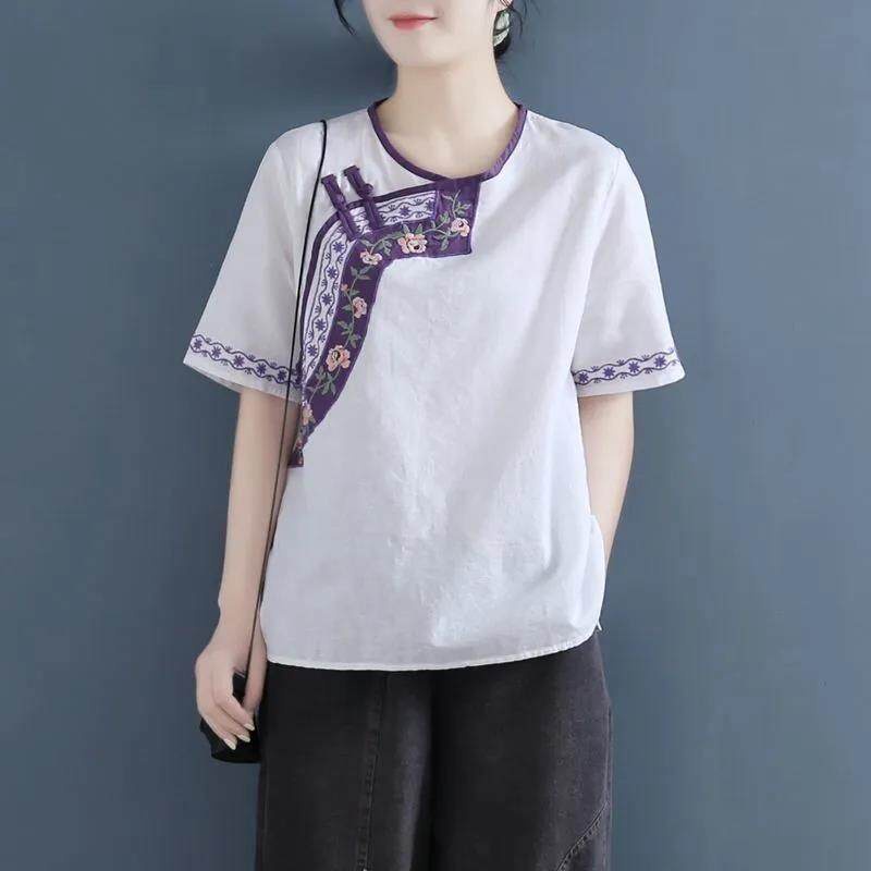Áo Thun Cotton Ngắn Tay Cổ Tròn Form Rộng Thêu Họa Tiết Phong Cách Cổ Điển Dành Cho Nữ