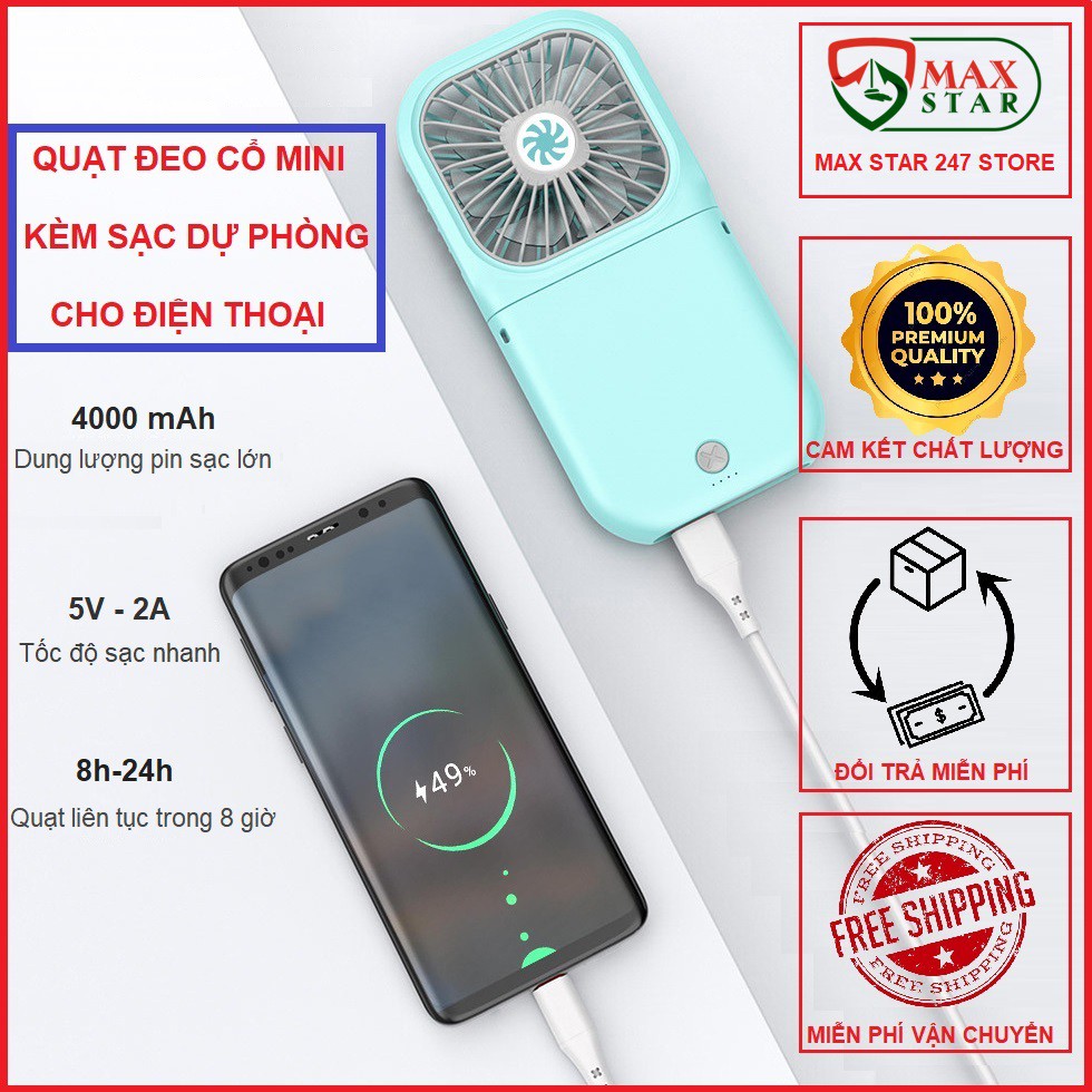 Quạt mini cầm tay đeo cổ kèm sạc dự phòng tích điện để bàn cute cao cấp ✅