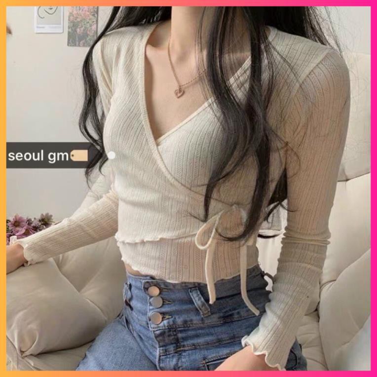  Áo đắp chéo tay dài siêu hot, áo croptop đắp chéo dài tay chất thun co giãn tốt - MOONMY