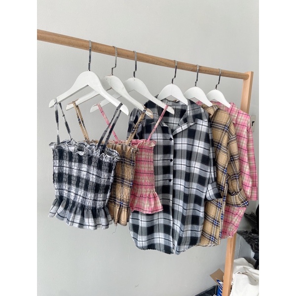 SET ÁO SƠ MI + KÈM ÁO ỐNG CARO- Chizi Shop, Kèm Ảnh Thật