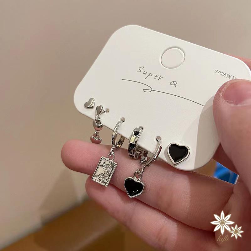 Set 6 Khuyên Tai Tua Rua Hình Trái Tim Màu Đen Phong Cách Hàn Quốc Cho Nữ