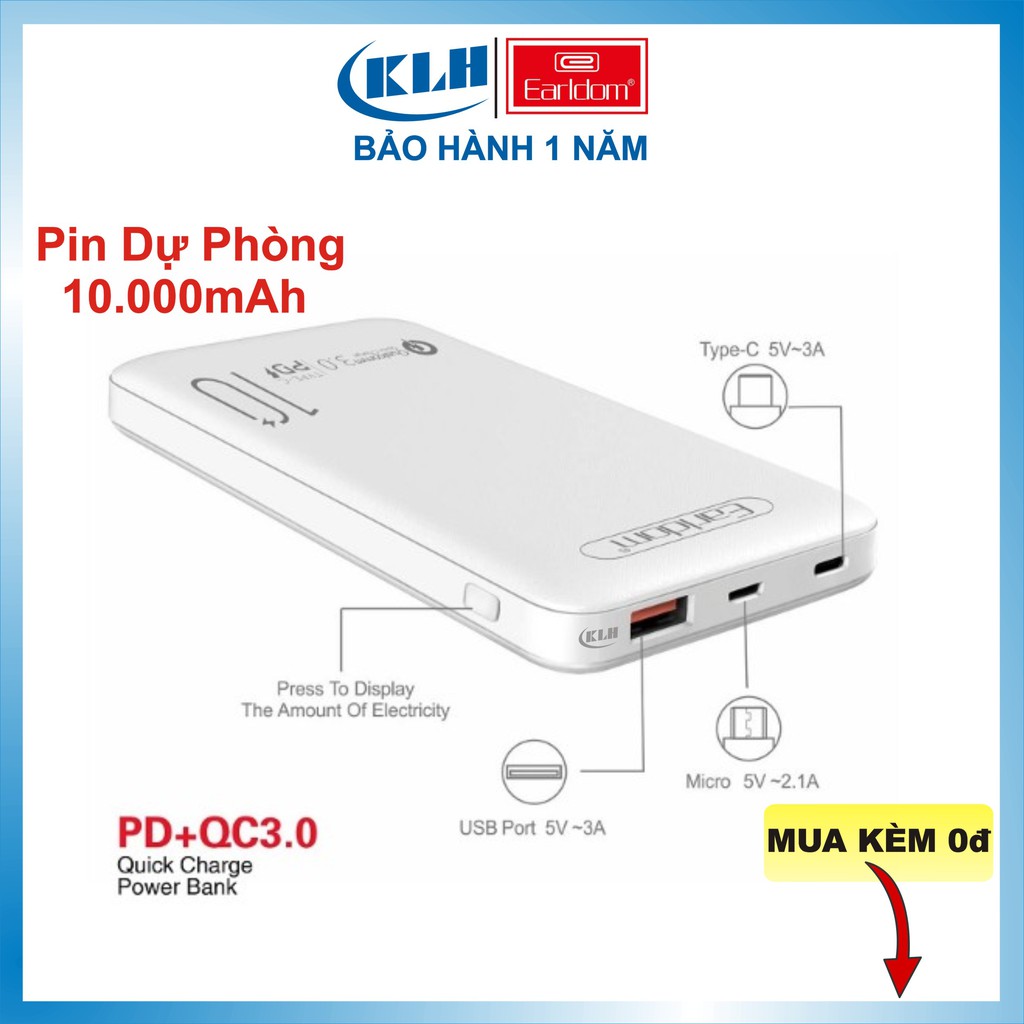 Pin sạc dự phòng 10.000 mAh, Pin tích điện tích hợp sạc nhanh Qualcomm 3.0 dung lượng chuẩn EU, Earldom PD 02 KLH