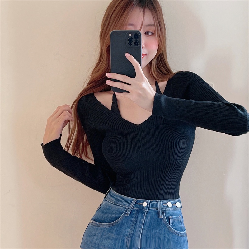 DUNEA Áo len tay dài trễ vai thời trang gợi cảm cho nữ