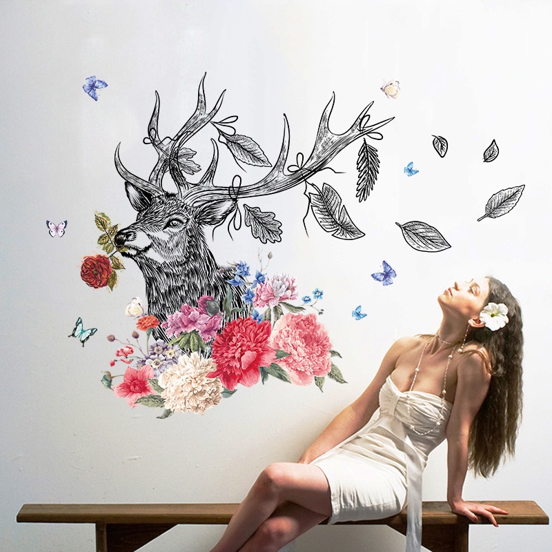 Decan dán tường, decan trang trí phòng ngủ hình hươu sang trọng XL8347