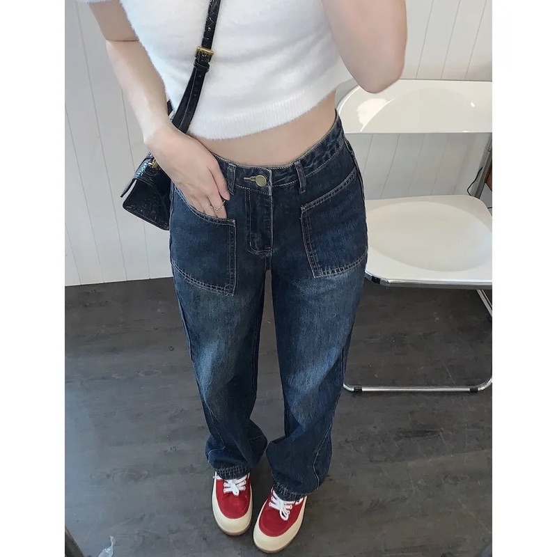 Quần Jean Nam Nữ Unisex Màu Xanh Tối Cạp Cao Túi Hộp Mẫu Mới, Quần Bò Ống Suông Basic Loại 1 Dày Dặn Phong Cách Ulzzang
