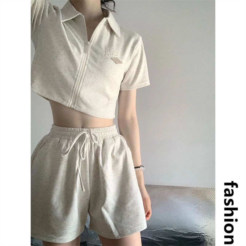 ☼Bộ Áo Cổ Polo Có Dây Kéo + Quần Short Lưng Cao Phong Cách Nhật Bản Thời Trang Mùa Hè Cho Nữ