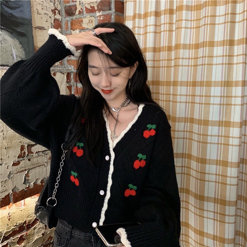 Áo len cardigan thêu hình quả cherry ngọt ngào