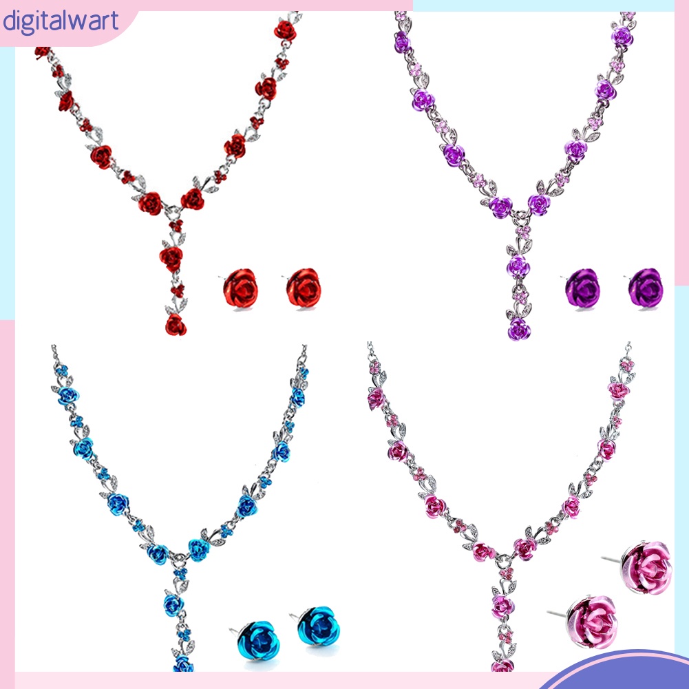 Set 2 Vòng cổ Và Đôi Bông Tai Hình Hoa Hồng Thời Trang Cho Nữ