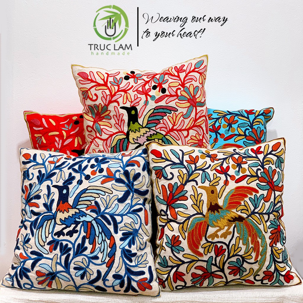 Gối/Vỏ Gối Vuông Tựa Lưng Sofa (45x45) Trang Trí Phòng Vải Linen Thêu Thủ Công Hình Con Chim – Trúc Lâm Handmade