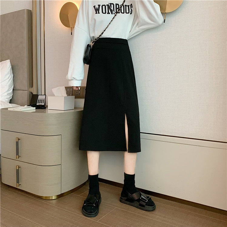 Chân Váy Dạ New Straight Skirts Long Plain Black High Waist Skirts