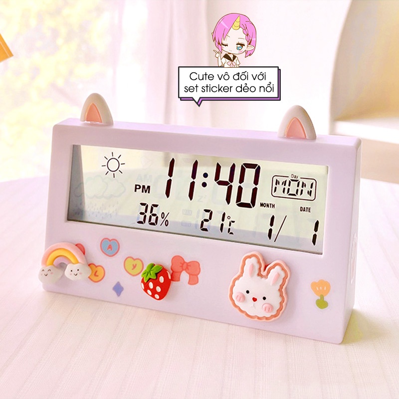Đồng hồ để bàn báo thức màn hình LCD Xuyên Thấu Hiển thị Độ ẩm Nhiệt độ Thời tiết Thứ Ngày Tháng trang trí dễ thương