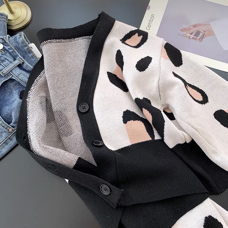 SUXI Áo khoác cardigan dệt kim cổ chữ v in họa tiết da báo thiết kế mới thời trang phong cách Hàn Quốc cho nữ