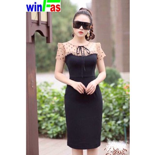 Đầm body phối ren chấm bi